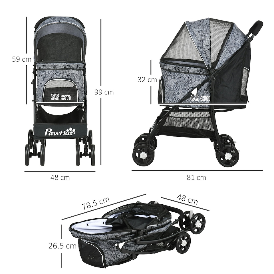 image 1 of PawHut Pet Stroller Dog Pram Pushchair Cat Travel Carriage Universal Wheels Grey
