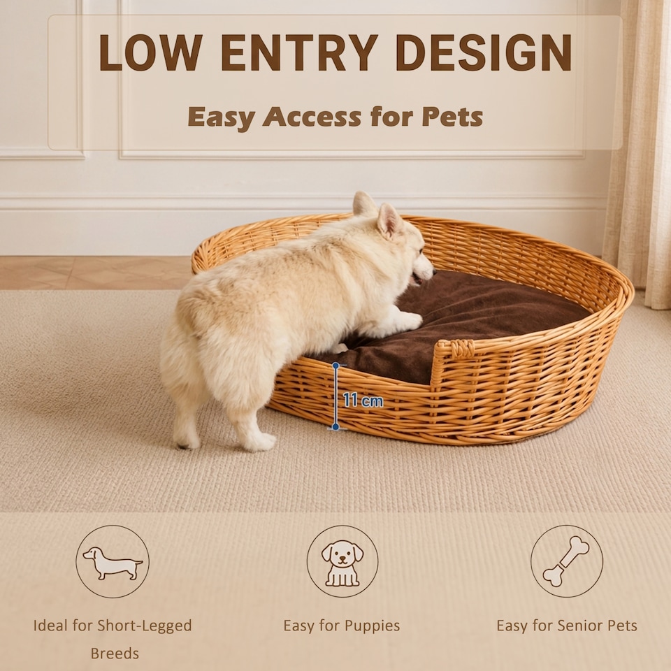 image 1 of Honey Color Wicker Dog Pet Bed with Washable Cushions (Large)