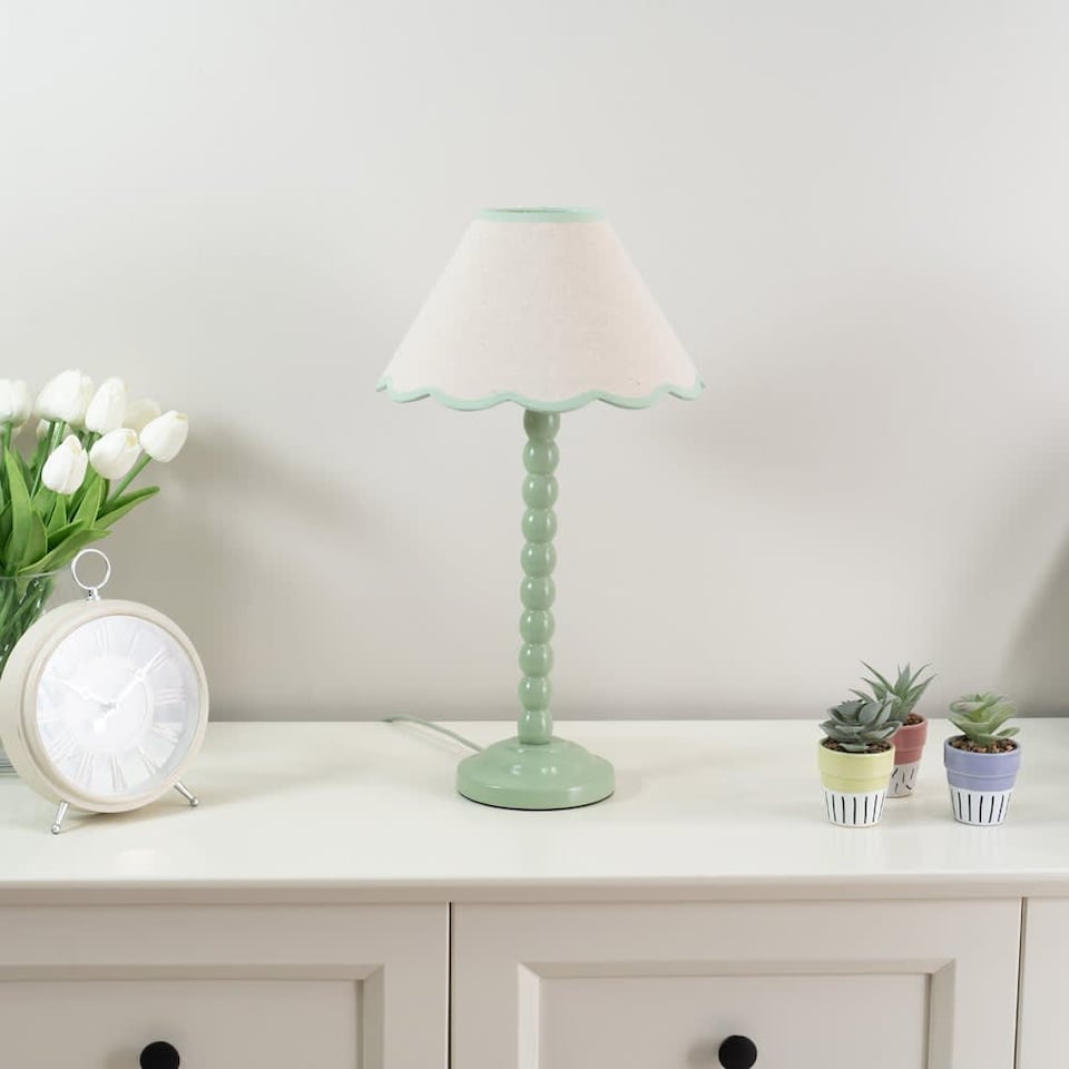 image 1 of ValueLights Bobbles Sage Green Table Lamp Green Trim Scallop Shade & Bulb | Green