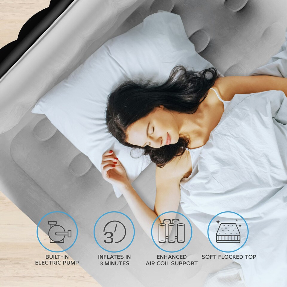 image 1 of Get Fit Air Bed With Built In Electric Pump - Premium Double Airbed - Quick Blow Up Bed With Headboard & 2 Free Inflatable Pillows - Air Mattress- Black/Grey