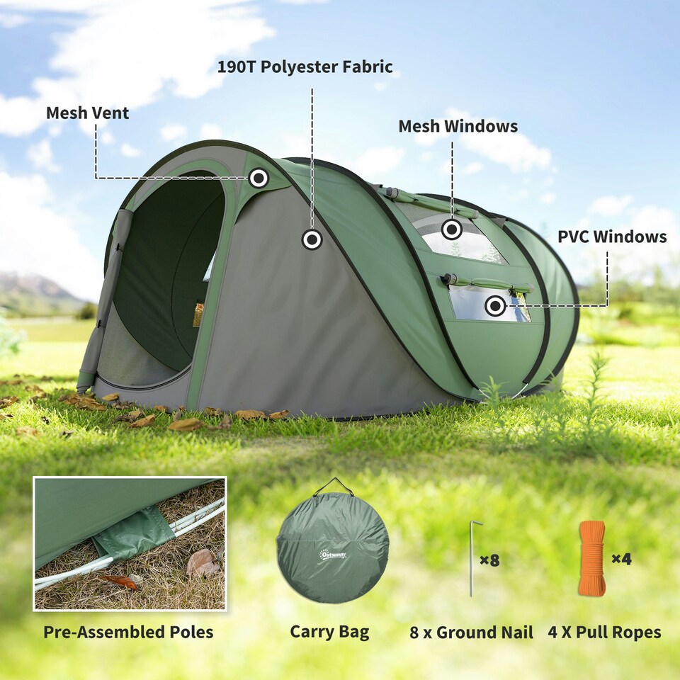 image 1 of Outsunny Camping Tent Dome Pop-up Tent with Windows for 4-5 Person Dark Green
