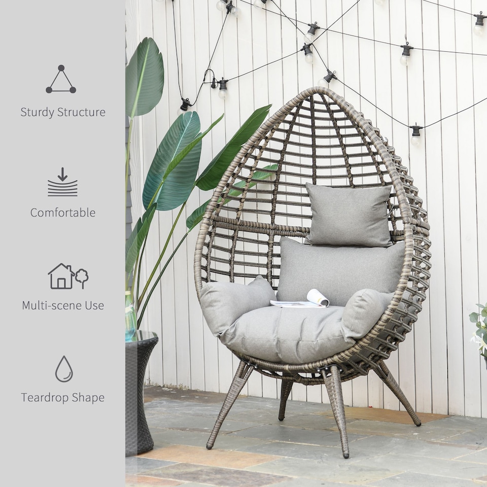 image 1 of Outsunny Garden Egg Chair, Teardrop Outdoor PE Rattan Chair with Full-body Soft Padded Cushion, Mixed Grey