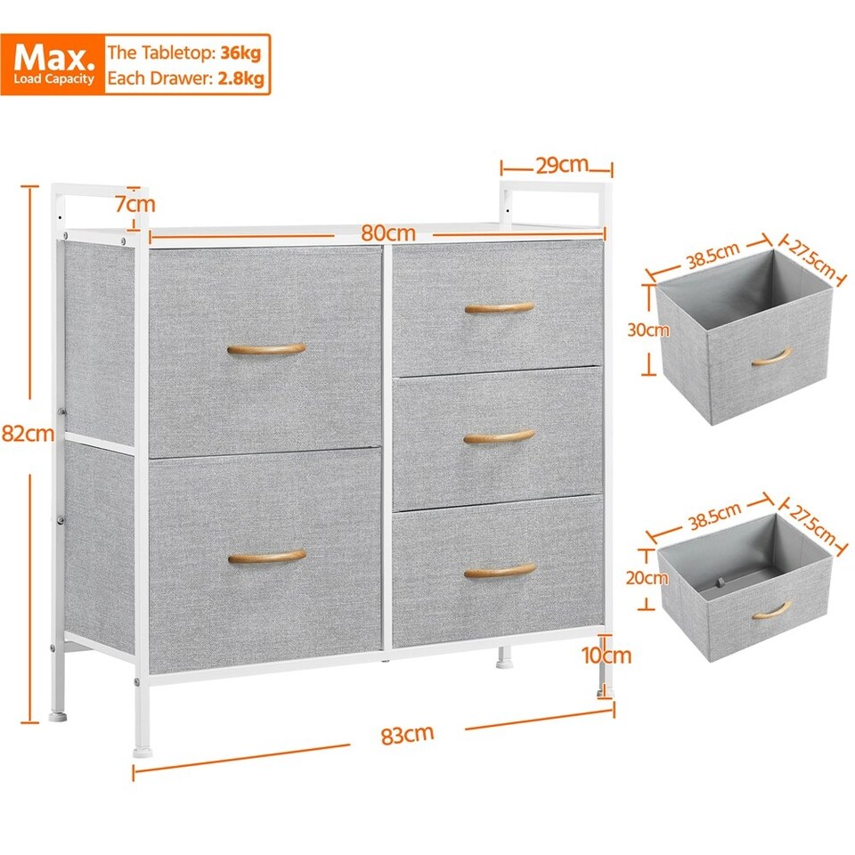image 1 of Yaheetech 5-Drawer Storage Tower with Metal Frame Light Grey Grey | Light Grey