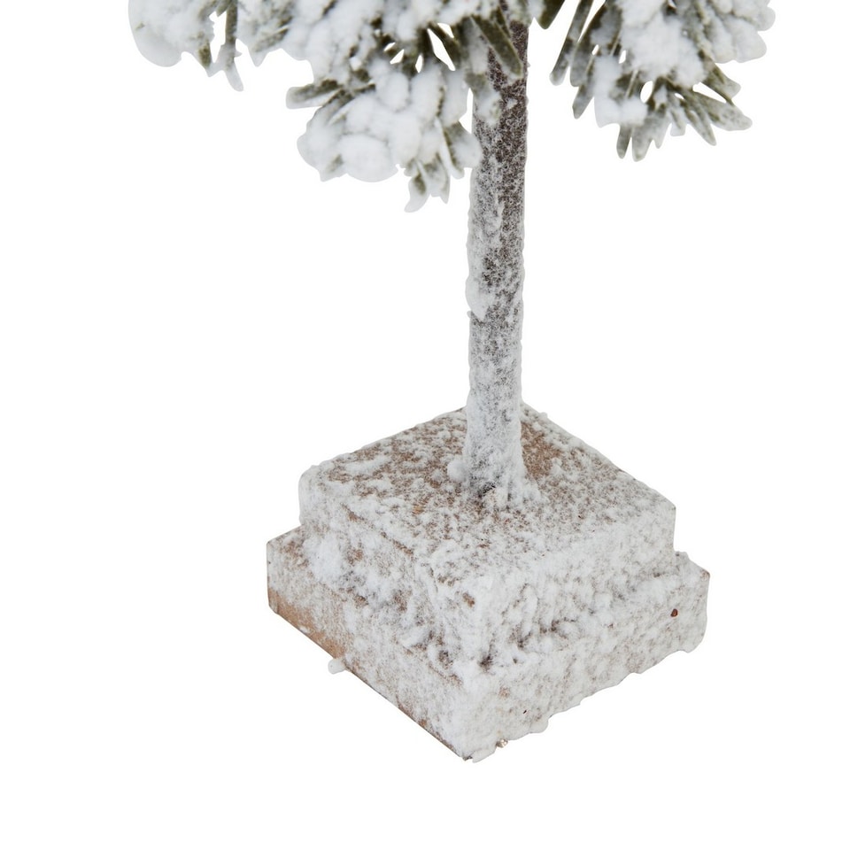 image 1 of Small Snowy Cedar Tree on Wood Block - Plastic - Height 30 cm - Brown