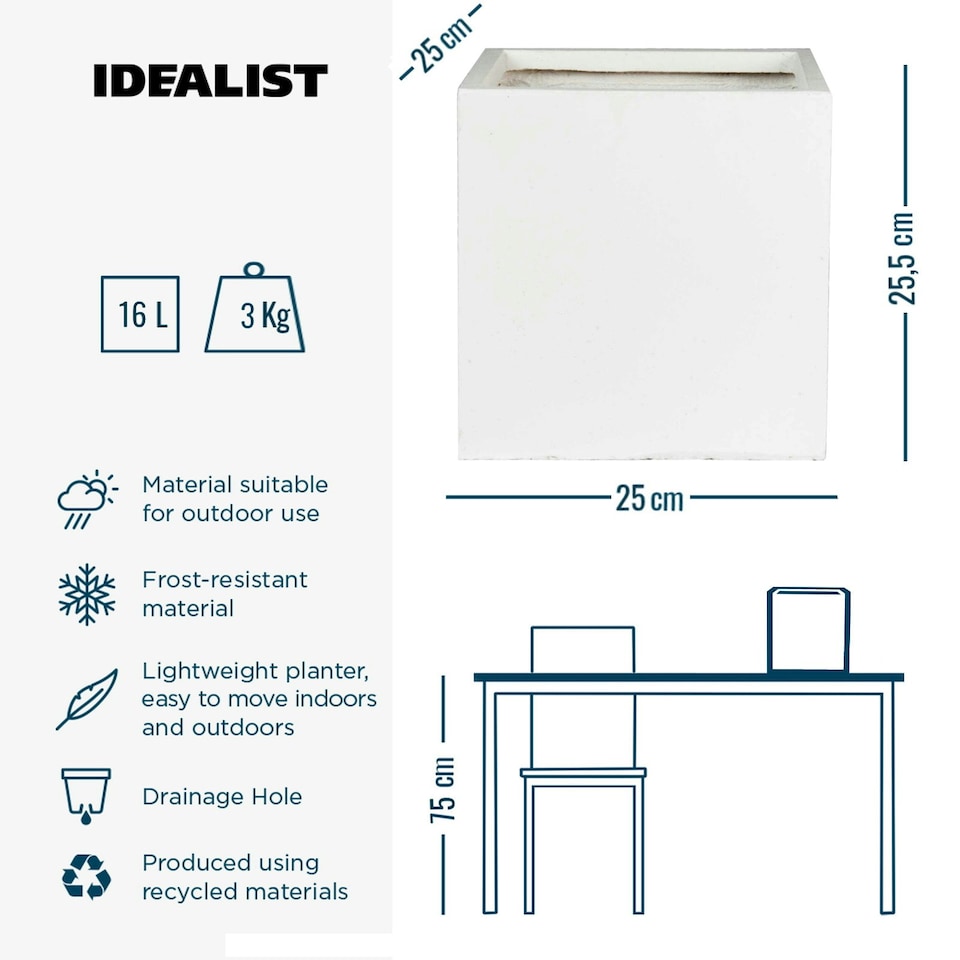 image 1 of Square Box White Light Concrete Garden Planter H25 L25 W25 cm, 16 ltrs Cap.