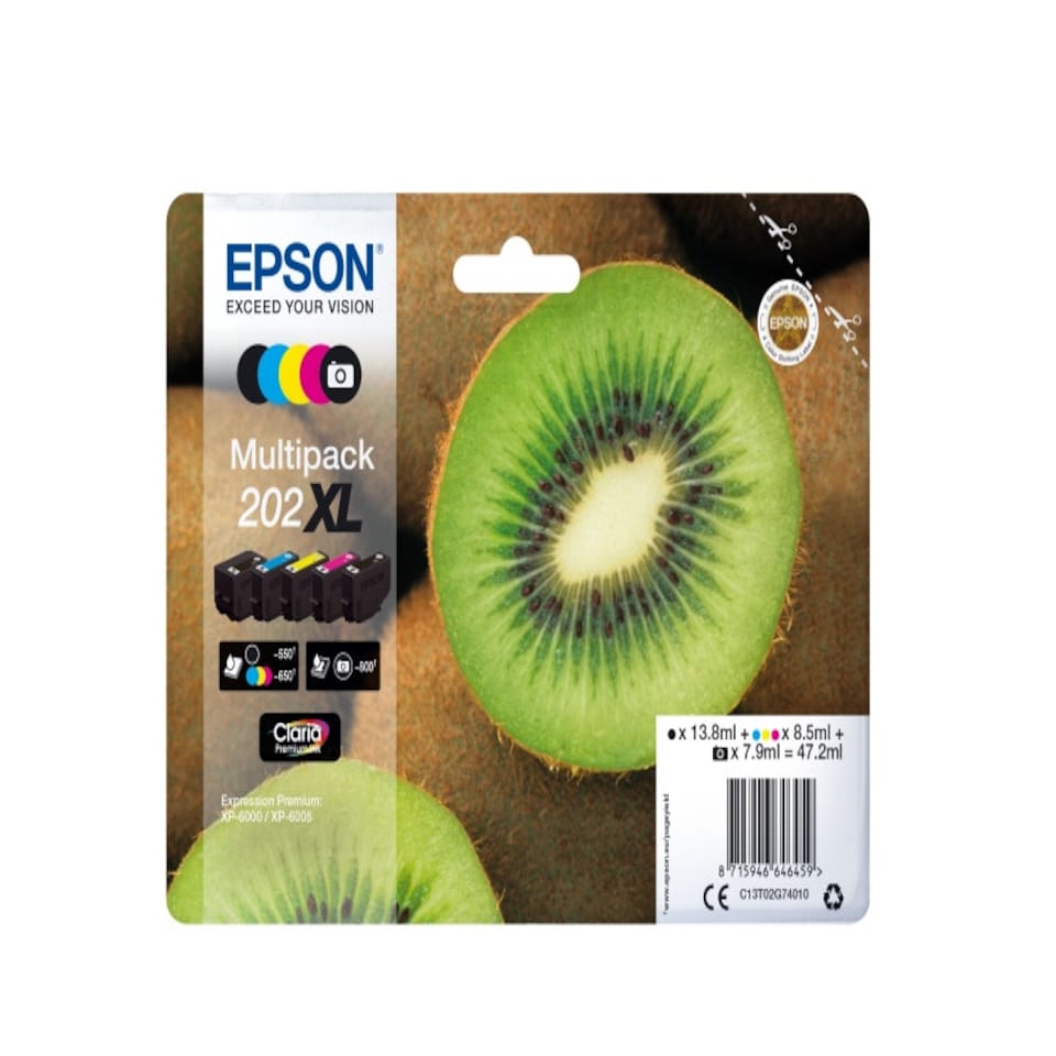 Epson 202XL Kiwi Black Photo Black Cyan Magenta Yellow High Yield Ink Cartridge Multipack 13.8ml + 7.9ml + 3 x 8.5ml (Pack 5) - C13T02G74010 N/A