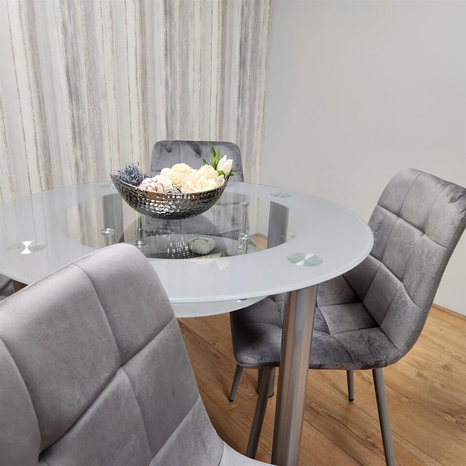 image 1 of Dining Table And 4 Chairs Grey Round Table With 4 Grey Velvet Chairs Dining Room Furniture