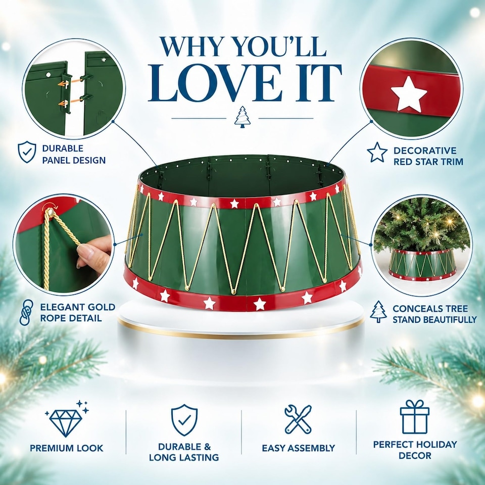 image 1 of 25.6 Inch Drum Style Christmas Tree Collar, Foldable Tree Base Cover with Mirror Finish