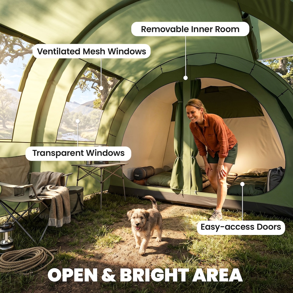 image 1 of Outsunny 4 Man Family Tent Camping Tent with 2 Room and Carry Bag, Green
