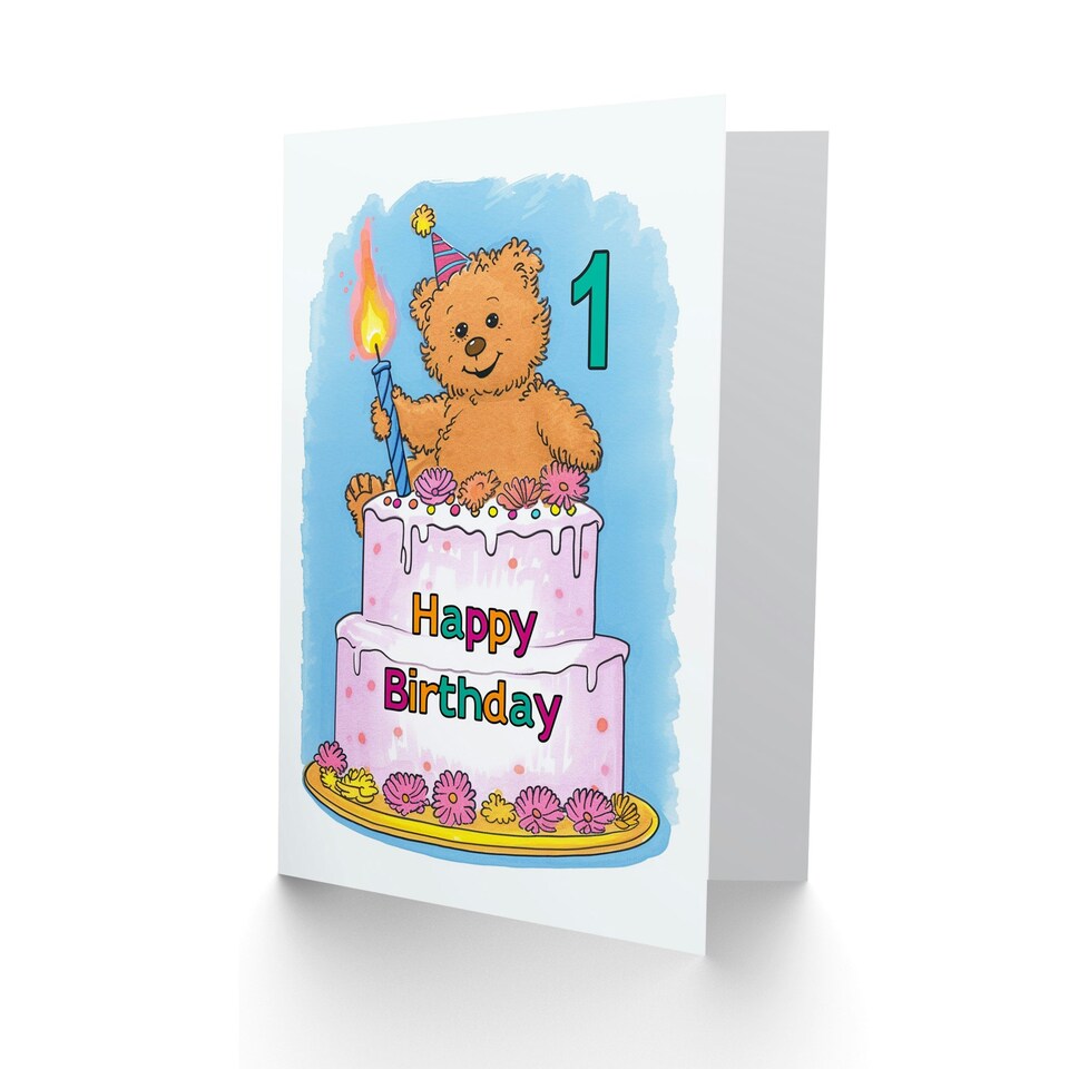 image 1 of Teddy Cake Party Hat Cartoon Cute 1st First Child Kids Birthday Card
