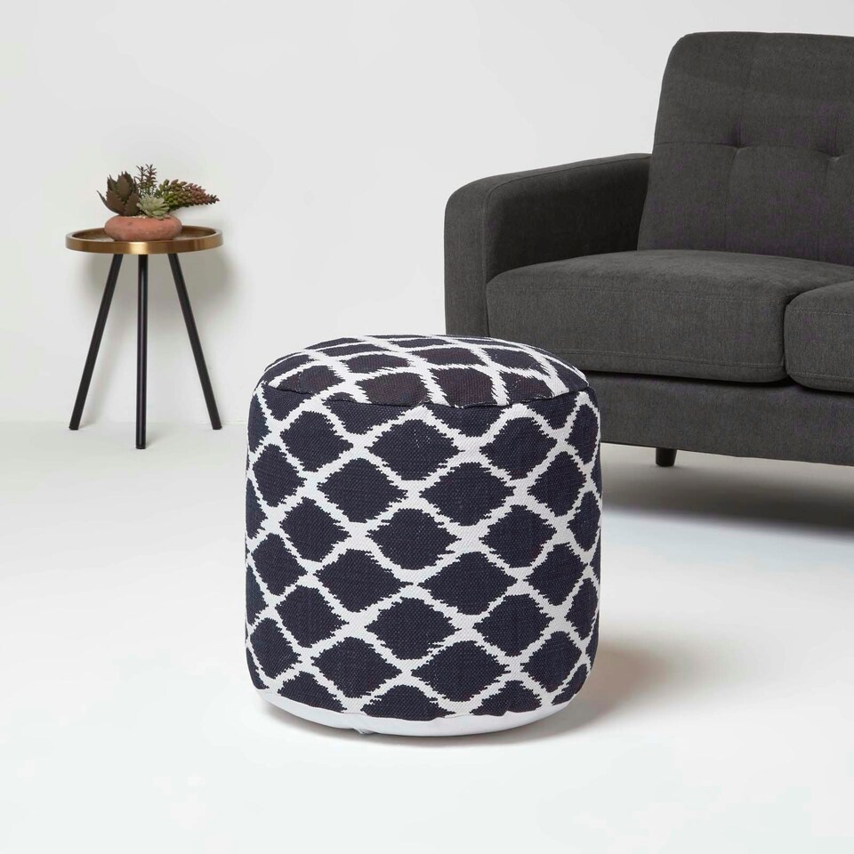 image 1 of Homescapes Circular Blue and Natural Colour Ikat Round Footstool