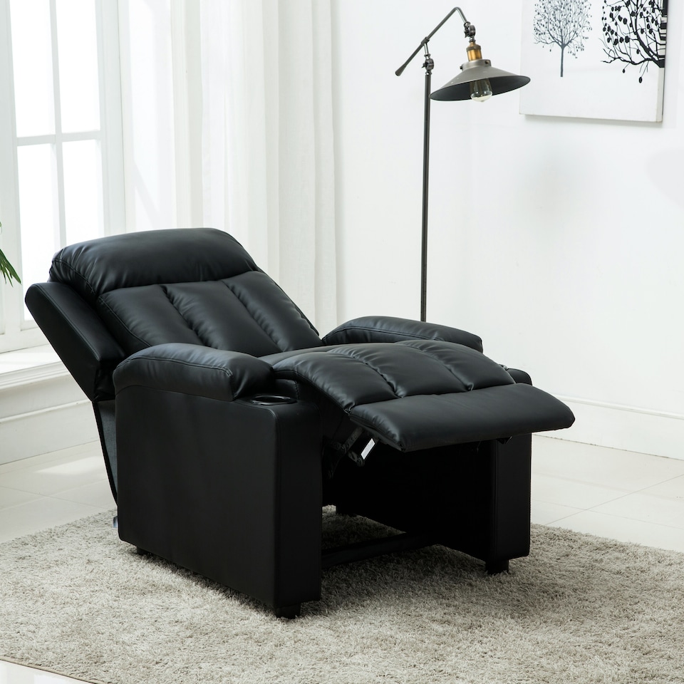 image 1 of Studio Bonded Leather Recliner w Drink Holders Sofa Chair (Black)