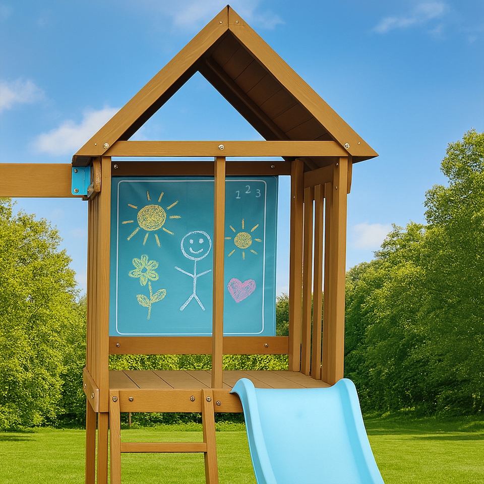 image 1 of Teamson Kids Large Wooden Swing Set with Slide, Chalkboard, Sandpit and Swings, Garden Playset