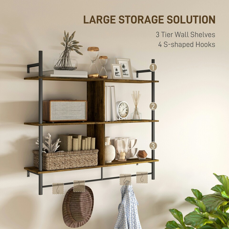 image 1 of HOMCOM Wall Shelf Unit with 4 Hooks for Living Room Rustic Brown