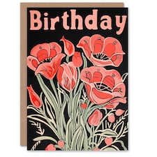 Red Poppy Flower Dark Illustration Woman Her Birthday Card