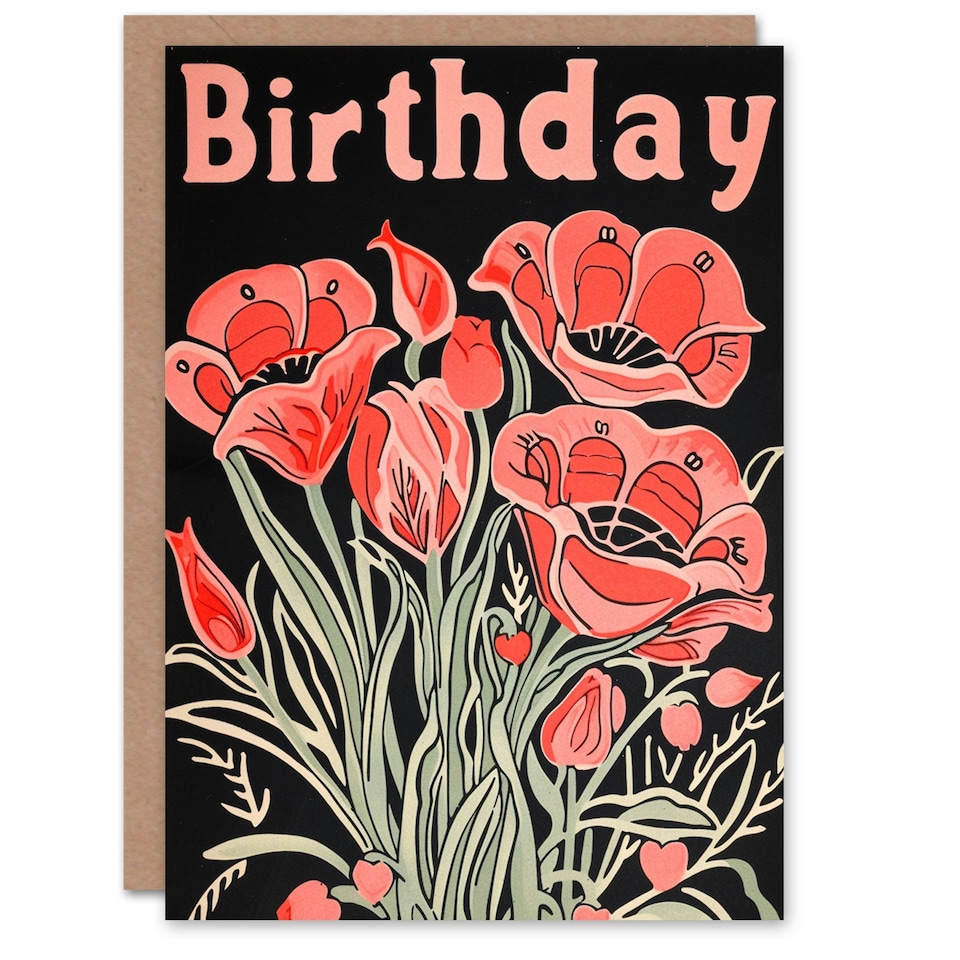 image 1 of Red Poppy Flower Dark Illustration Woman Her Birthday Card