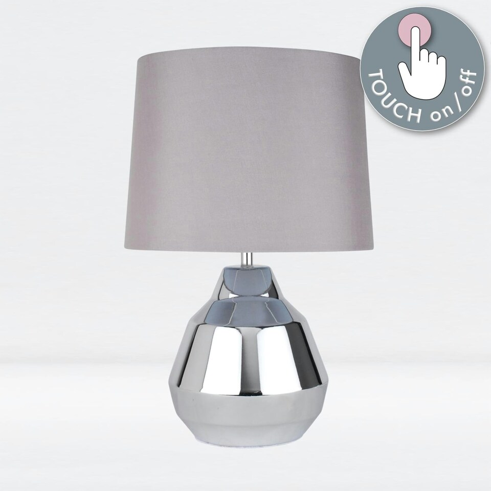 image 1 of First Choice Lighting Pair of Polished Chrome 39cm Touch Lamps with Grey Shades Chrome | Grey