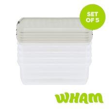 Wham Clip 5x 13.2L Square Plastic Storage Boxes with Clip Lock Lids. Ideal for Home, Office, Toys & More - Clear/Stone | Cream | Stone | 5