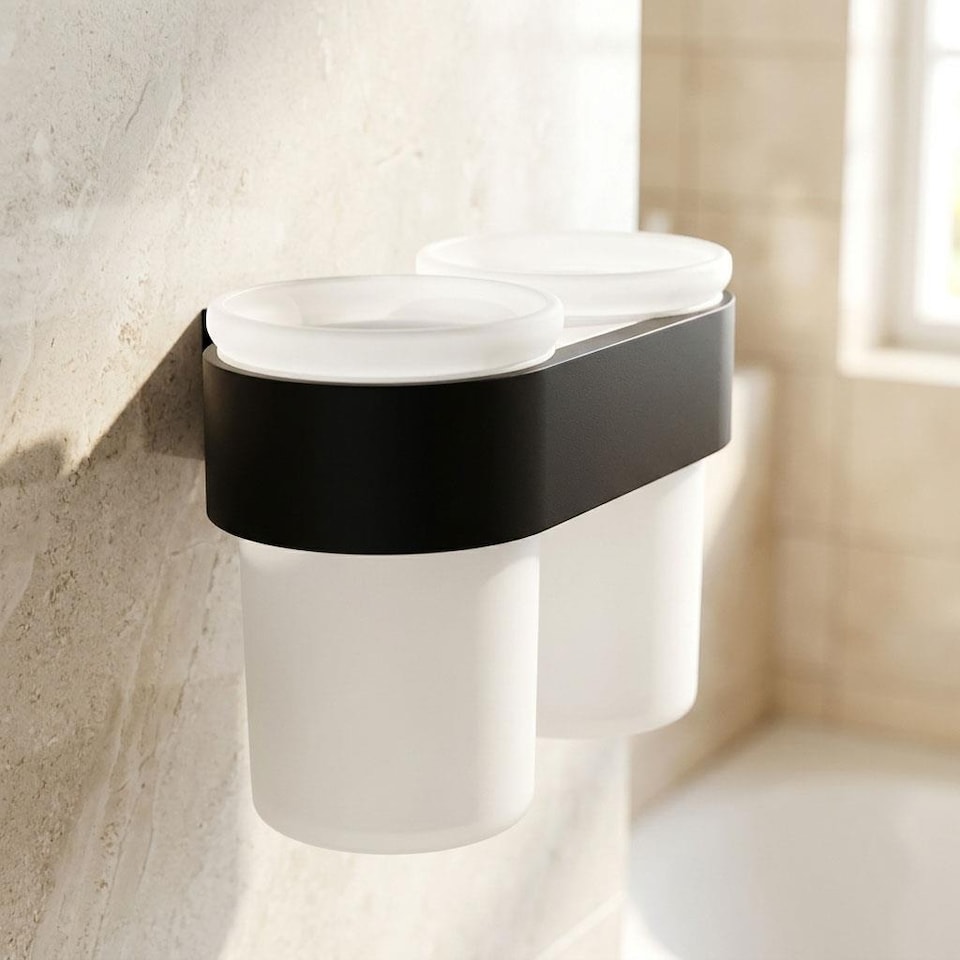 image 1 of Double Tempered Glass Toothmug Toothbrush Cup Bathroom Black Powder Coated Zamak