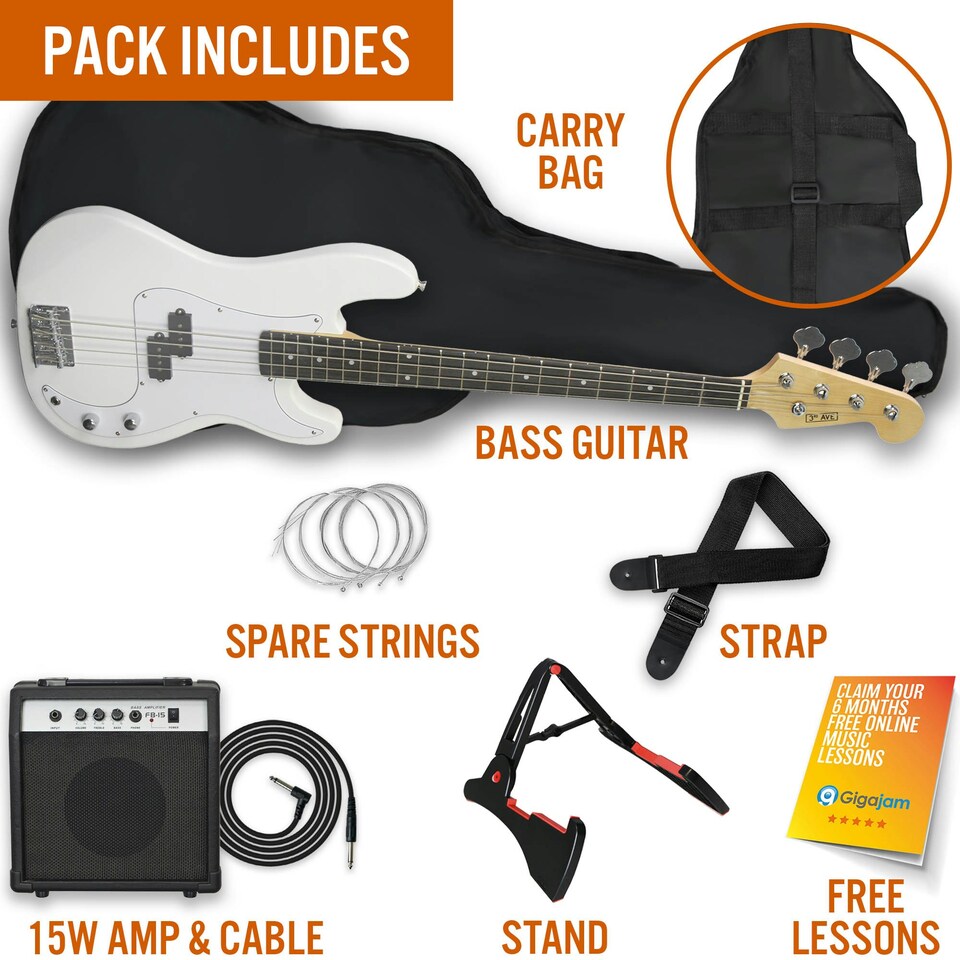image 1 of 3rd Avenue Electric Bass Guitar Pack with Amp White