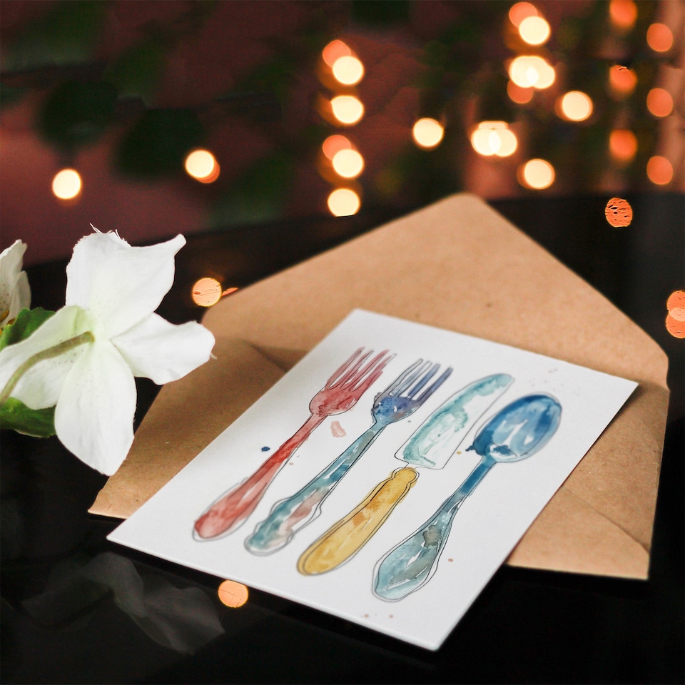 image 1 of Greeting Card Cutlery Fork Knife Spoon Bright Happy Watercolour