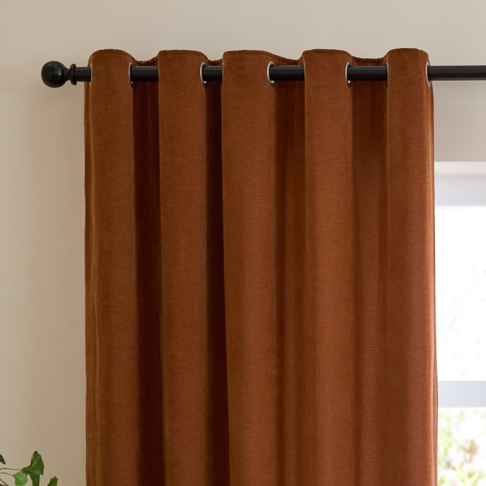 image 1 of Furn Soft Chenille Blackout Eyelet Curtain Pair, 117cm width x 183cm drop | Orange | Rust | 1