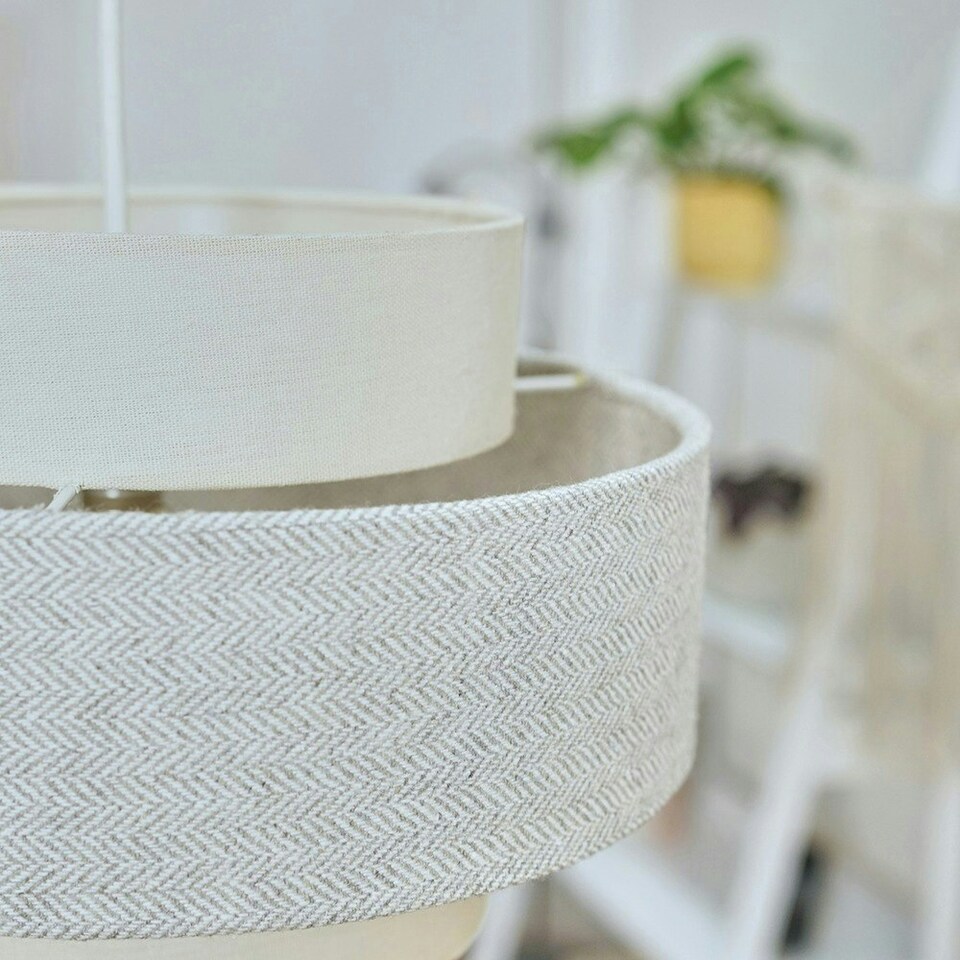 image 1 of ValueLights Cylinder Ceiling Pendant Light Shade in a Cream & Grey Herringbone Finish - Complete with a 10w LED GLS Bulb 3000K Warm White