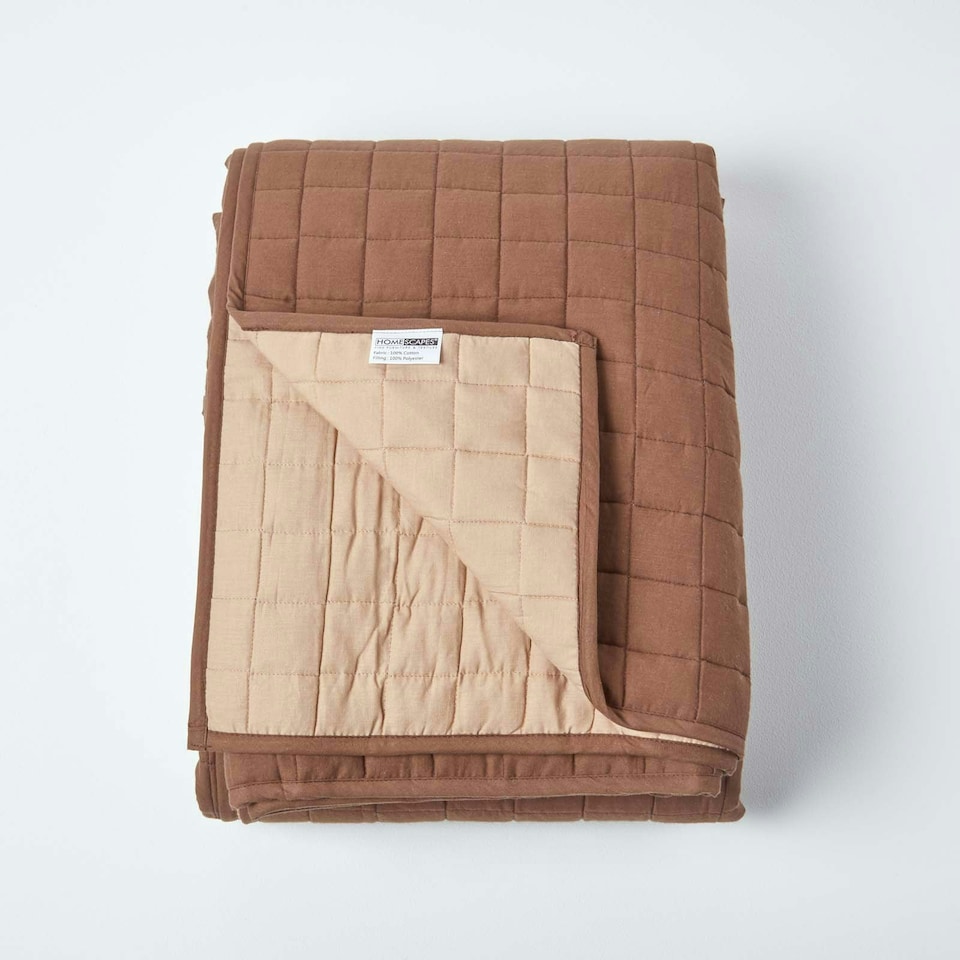 image 1 of Homescapes Cotton Quilted Reversible Bedspread Chocolate Mink Brown - 150 x 200 cm Brown