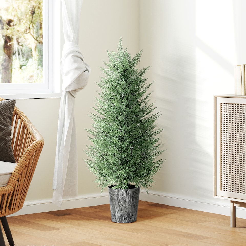 image 1 of HOMCOM 90cm Artificial Cypress Trees Set of 2, UV Resistant Artificial Plants with Decorative Pot, Fake Plants for Indoor Outdoor Decor, Green | Green
