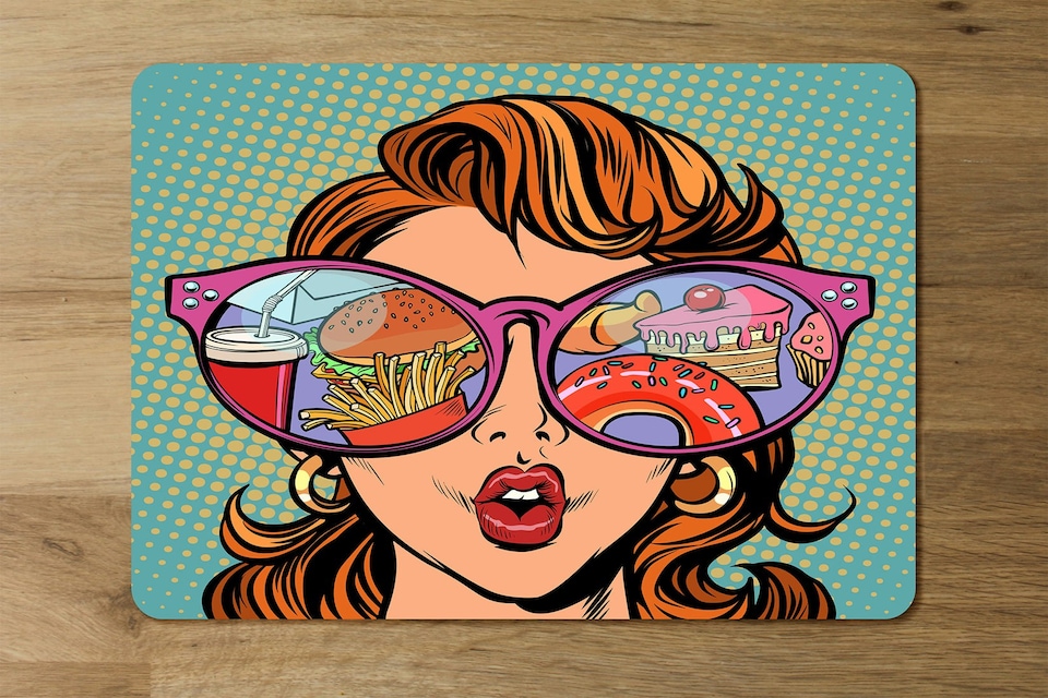 image 1 of Woman with sunglasses. Fast food and sweets in the reflection (Placemat & Coaster Set)