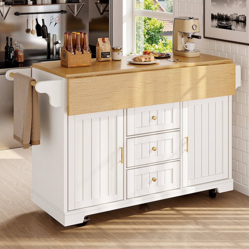 image 1 of VILUXE Kitchen island, cabinet, sideboard 120 x 40 (80) x 95 cm, extendable kitchen trolley with casters, extendable on both sides, with towel rail and spice rack, two doors, three drawers, black/white