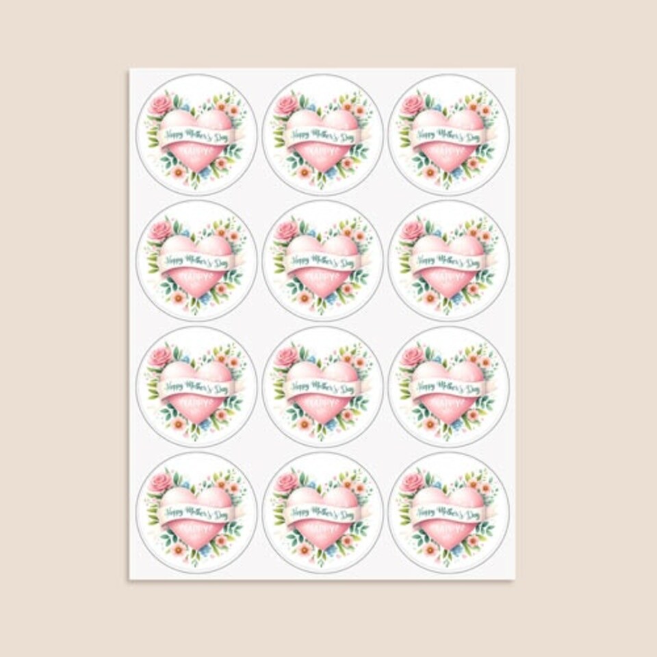 image 1 of Mother's Day Pink Heart Round Stickers 60mm - Sheet of 12