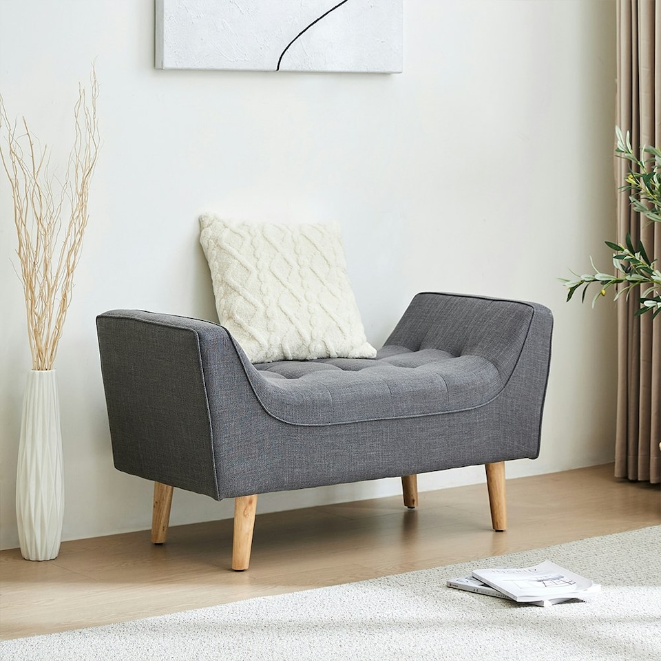 image 1 of Living and Home Chenille Upholstered Bench with Wooden Legs - Grey