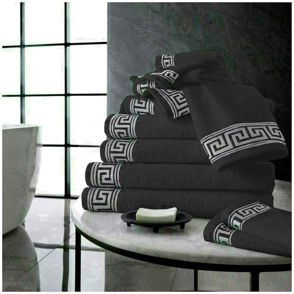 image 1 of VELVETIO 8 Piece Towel Bale Set Jacquard Greek Key Pattern - 100% Cotton, 450 GSM Grey | Charcoal