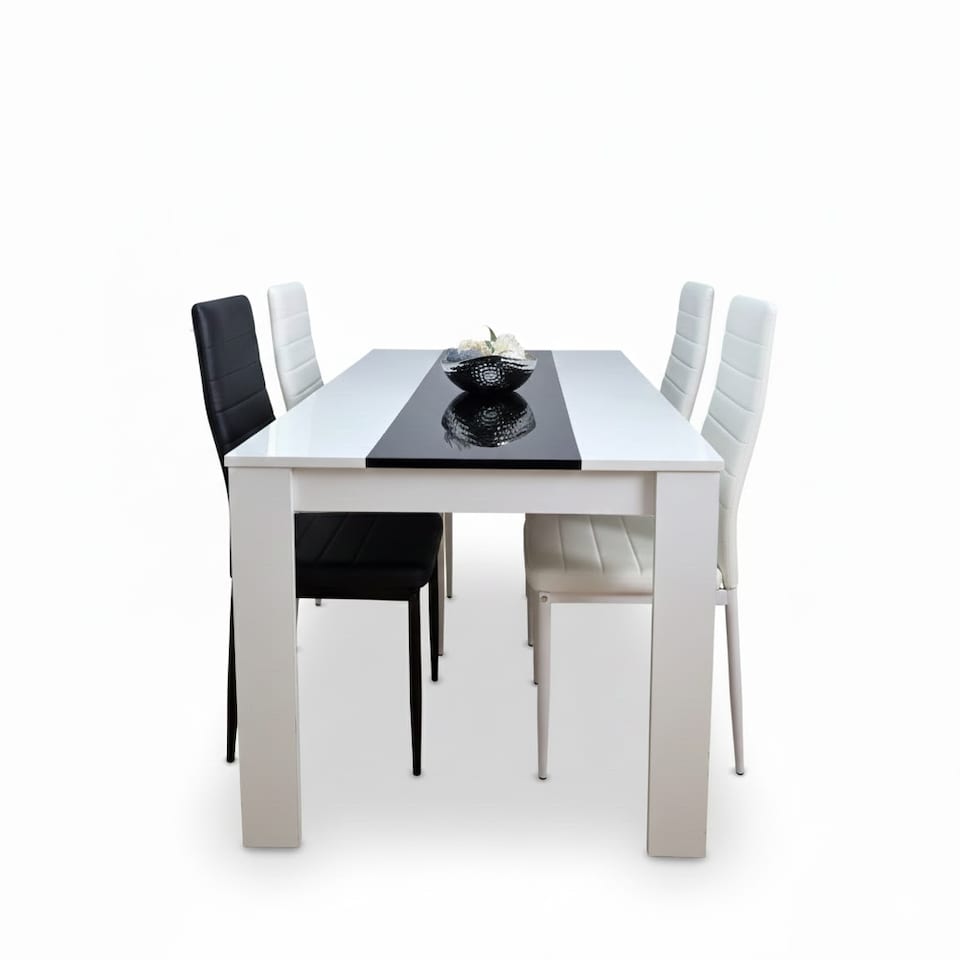 image 1 of White Black Dining Table with 4 Faux Leather Chairs Dining Set for Kitchen Room