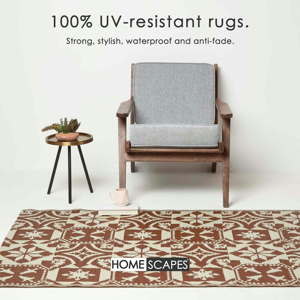 image 1 of Homescapes Outdoor Rug Luxury Waterproof Reversible, For Garden, Tile Mosaic | Brown | 122 x 182 cm