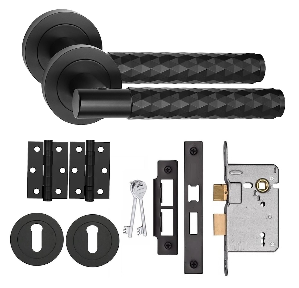 image 1 of Golden Grace Knurled Diamond Cut T-Bar Bathroom Door Handle Set Matt Black with Ball Bearing Hinges