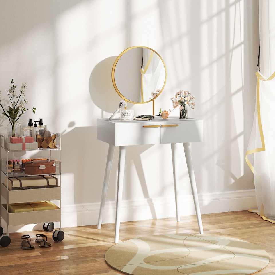 image 1 of HOMCOM Modern Dressing Table with Round Mirror, Makeup Vanity Table with 2 Drawers for Bedroom, Living Room, 60 x 40 x 123 cm, White | White | White