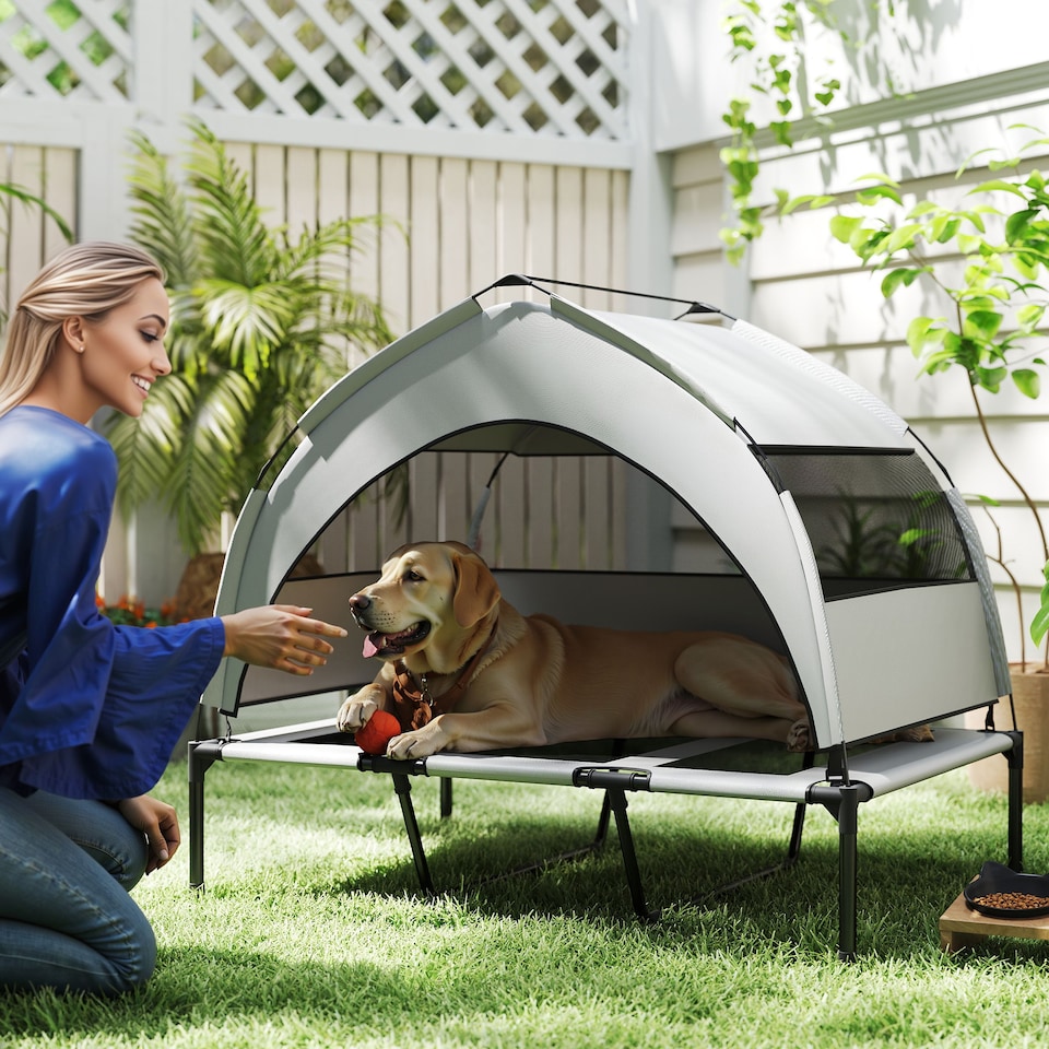 image 1 of PawHut Portable Elevated Dog Bed with Removable Canopy | Grey | Light Grey