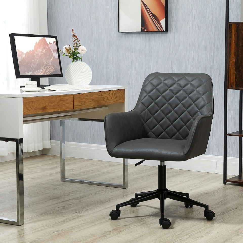 image 1 of Vinsetto Home Office Chair Leather-Feel Fabric Swivel Chair with Armrests Grey