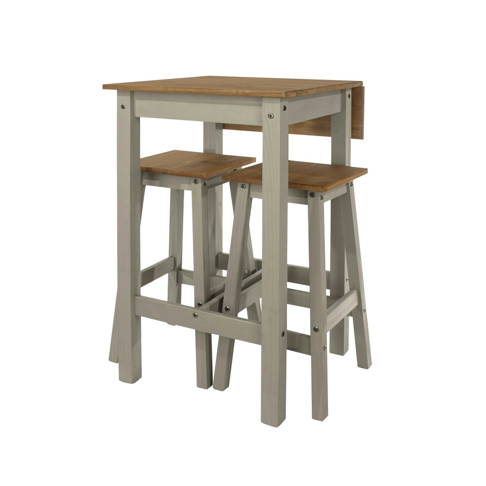 image 1 of Premium Corona Linea Drop Leaf Breakfast Dining Set with Table and 2 High Stools - Antique Waxed Pine | Grey | Grey | One Size | 1