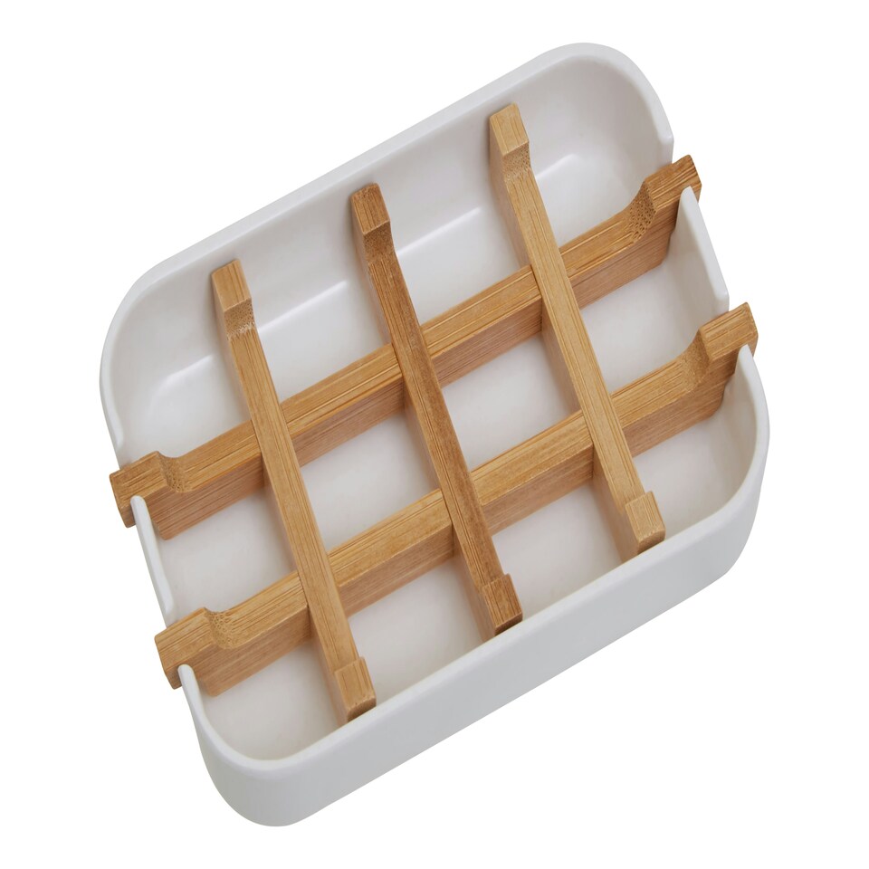 image 1 of Interiors by Premier White Soap Tray, Eco Soap Dish With Bamboo Insert, Biodegradable Rectangular Soap Holder With Drainage