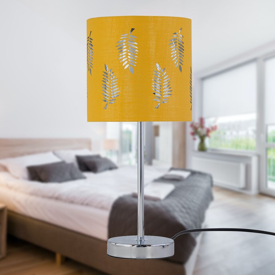 image 1 of Chrome Stick Table Lamp with Ochre Cut Out Shade | Chrome | Yellow | Medium | 1
