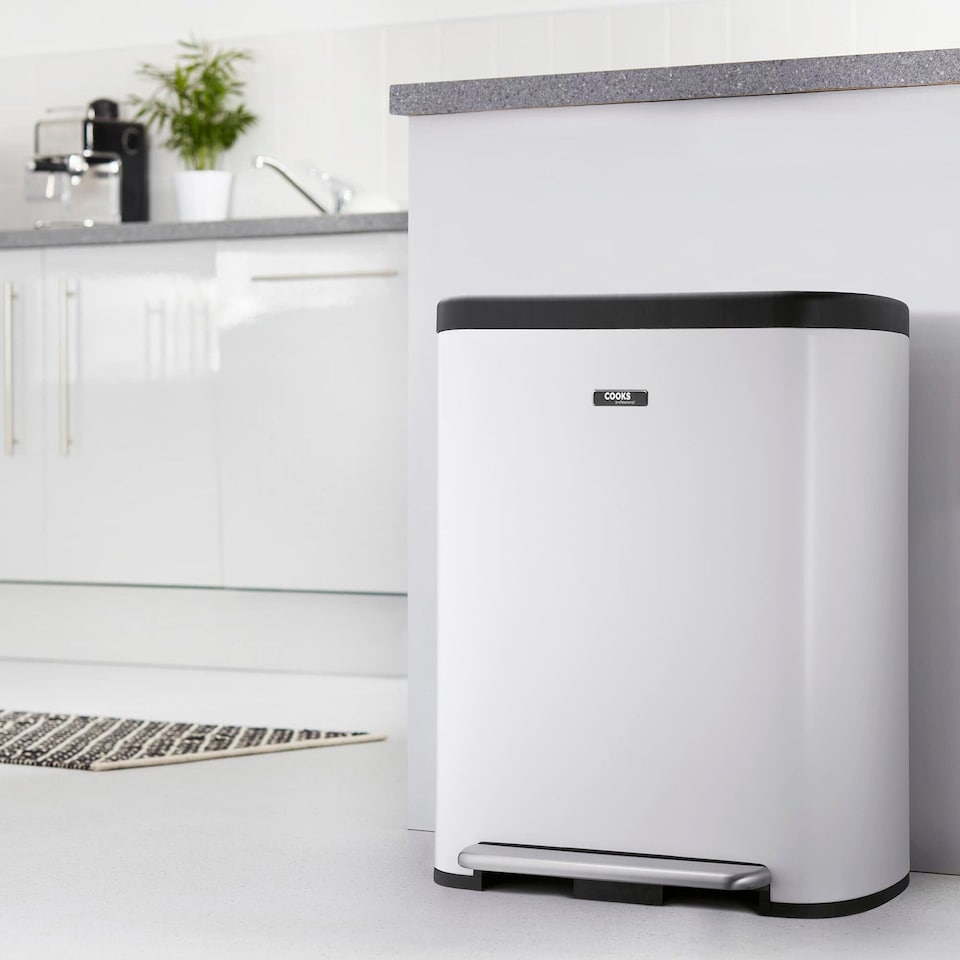 image 1 of Cooks Professional Recycle Bin 60L with Single Pedal, Dual Compartments & Soft Close Lid | White