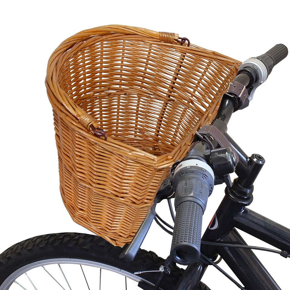 image 1 of Wickerfield Natural Wicker Bicycle Handlebar Basket with Faux Leather Straps, Front Bike Shopping Basket (Honey/Brown)