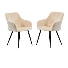 Set of 2 Camden Modern Velvet Dining Chairs with Armrests, Quilted Design & Black Metal Legs Cream