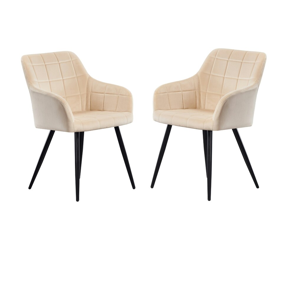 image 1 of Set of 2 Camden Modern Velvet Dining Chairs with Armrests, Quilted Design & Black Metal Legs Cream