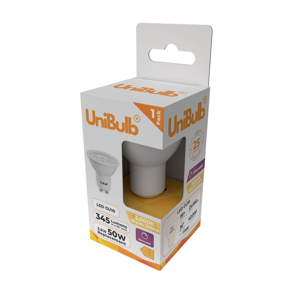 image 1 of UniBulb LED GU10 345lm 3.6W 3000K (Warm White) Spotlight Downlight Dimmable Light Bulb - Pack of 1 | White | Warm White | 1