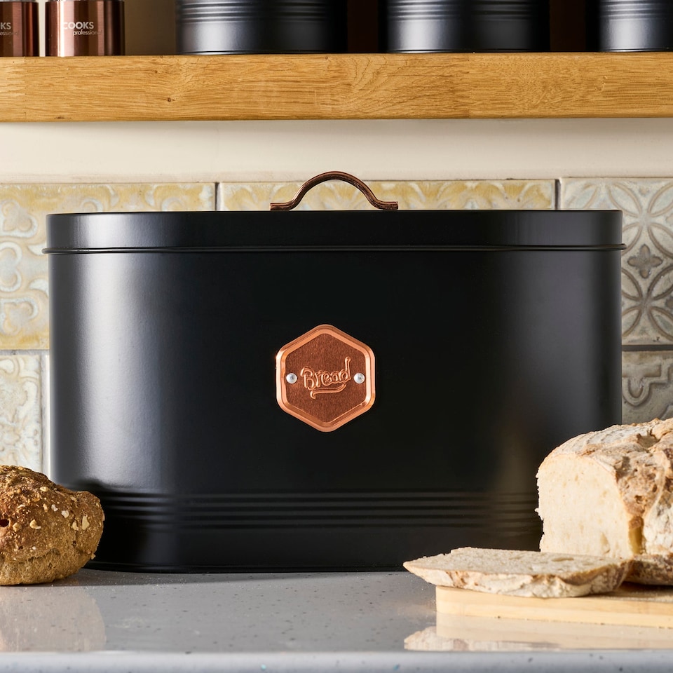 image 1 of Cooks Professional Bread Bin - Metal Food Storage Cannister with Nameplate | Black | Black & Copper