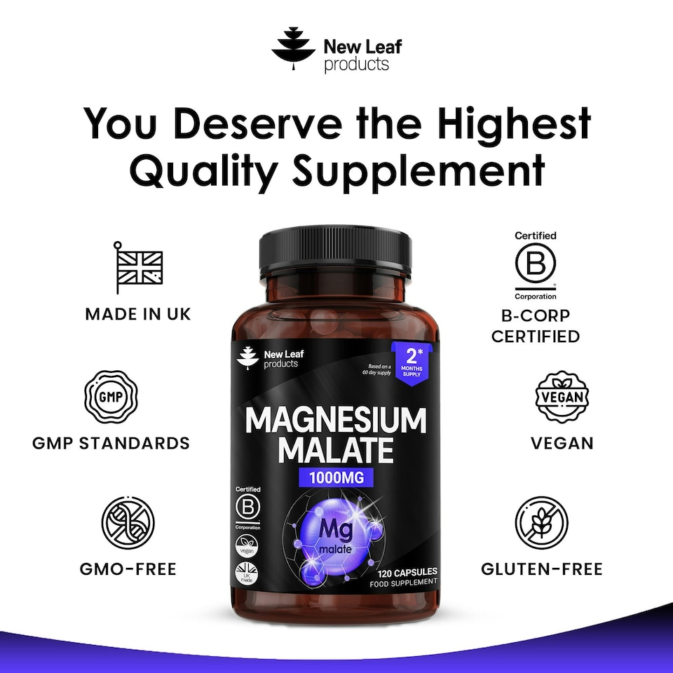image 1 of Magnesium Malate Capsules - Bones & Joints, Sleep & Relaxation Support - Vegan 120 Capsules